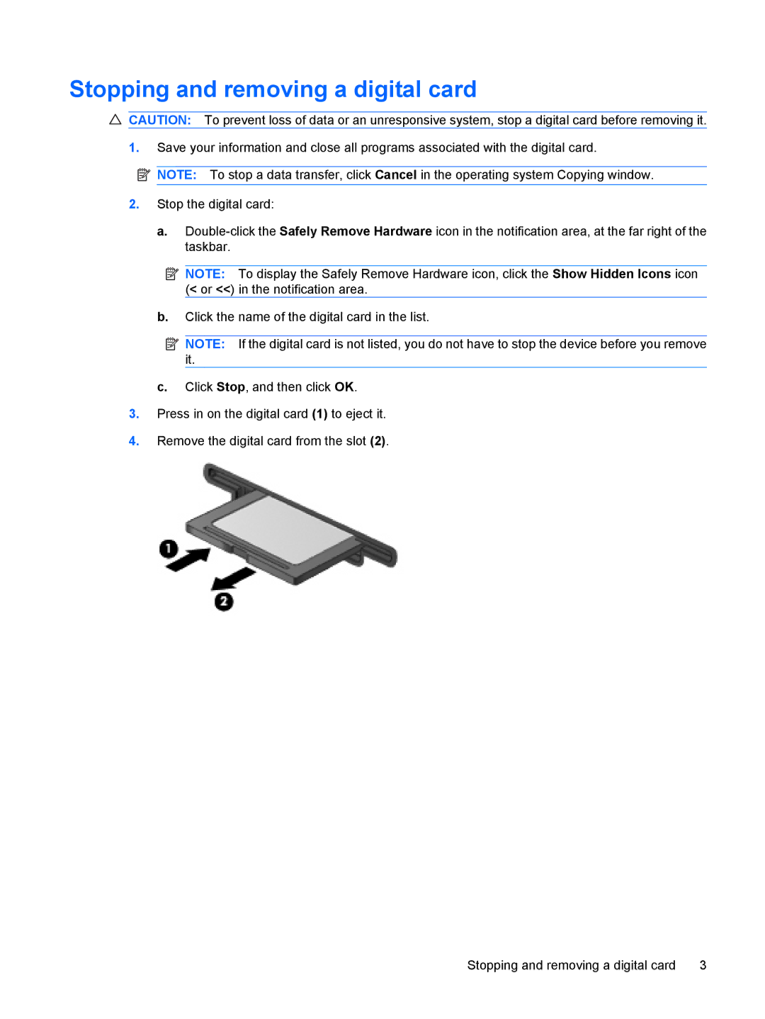 HP CQ20 manual Stopping and removing a digital card 