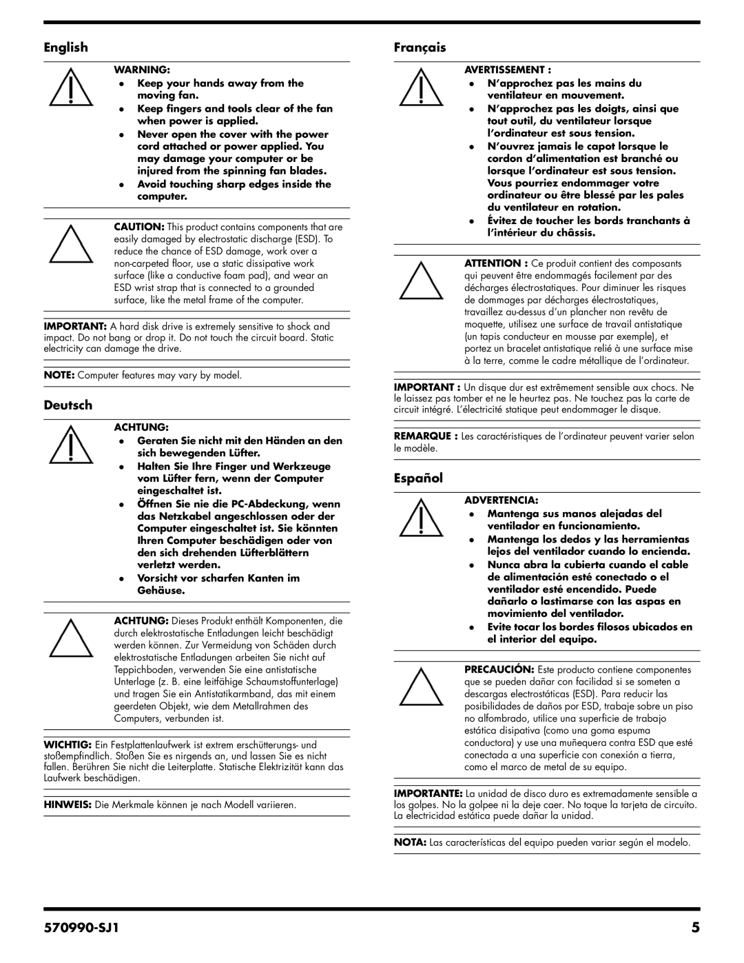 HP CQ3065D manual Achtung, Avertissement, Advertencia 