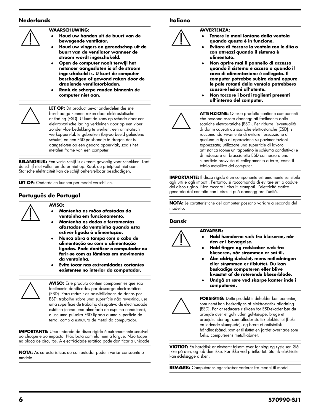 HP CQ3065D manual Waarschuwing, Aviso, Avvertenza 