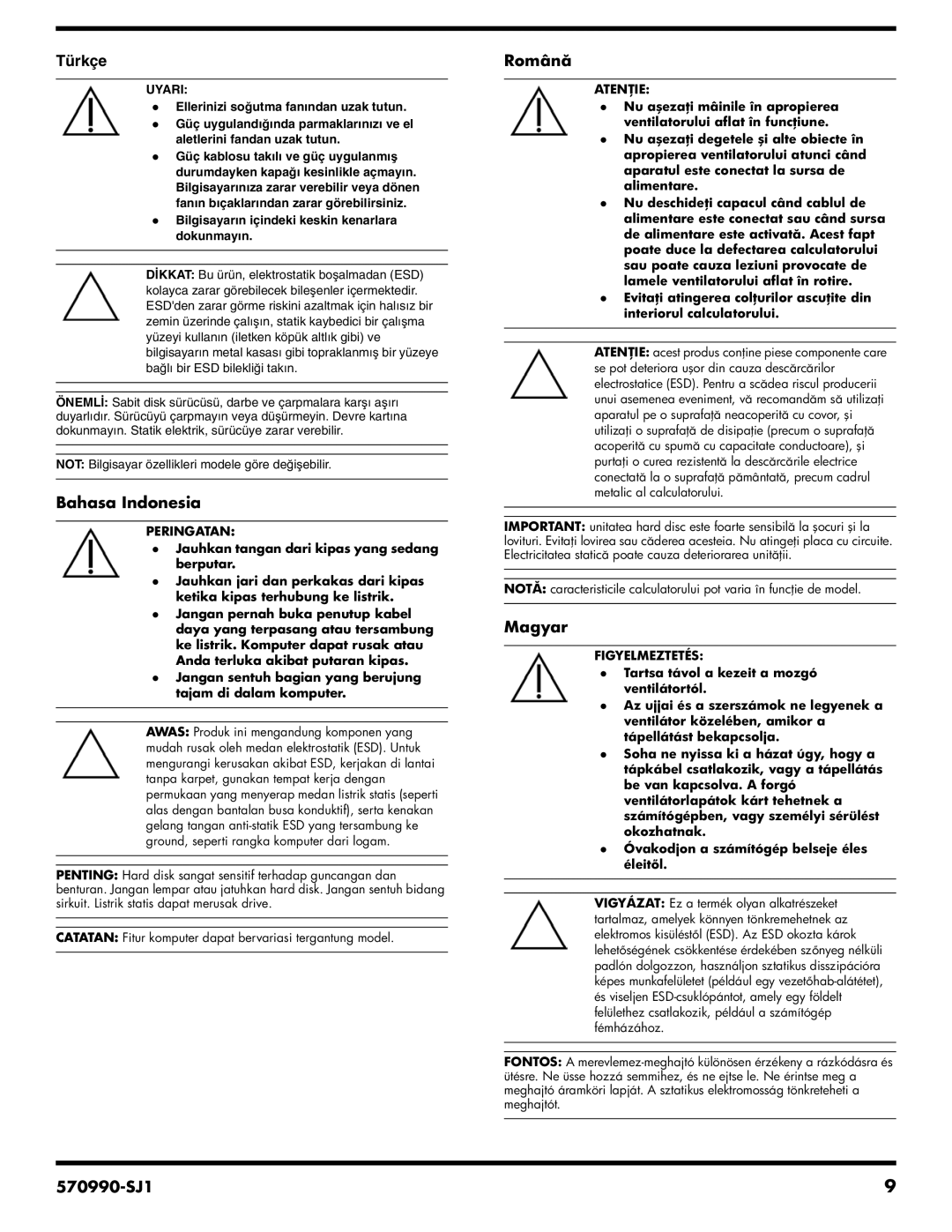 HP CQ3065D manual Uyari, Peringatan, Atenţie, Figyelmeztetés 