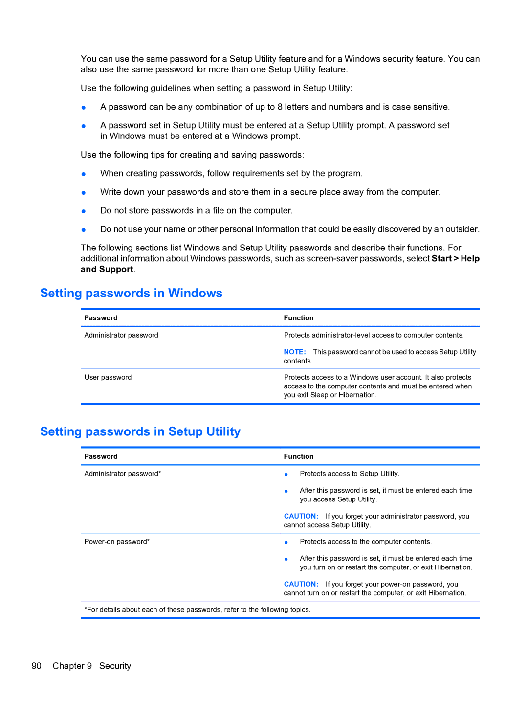 HP CQ32 manual Setting passwords in Windows, Setting passwords in Setup Utility 