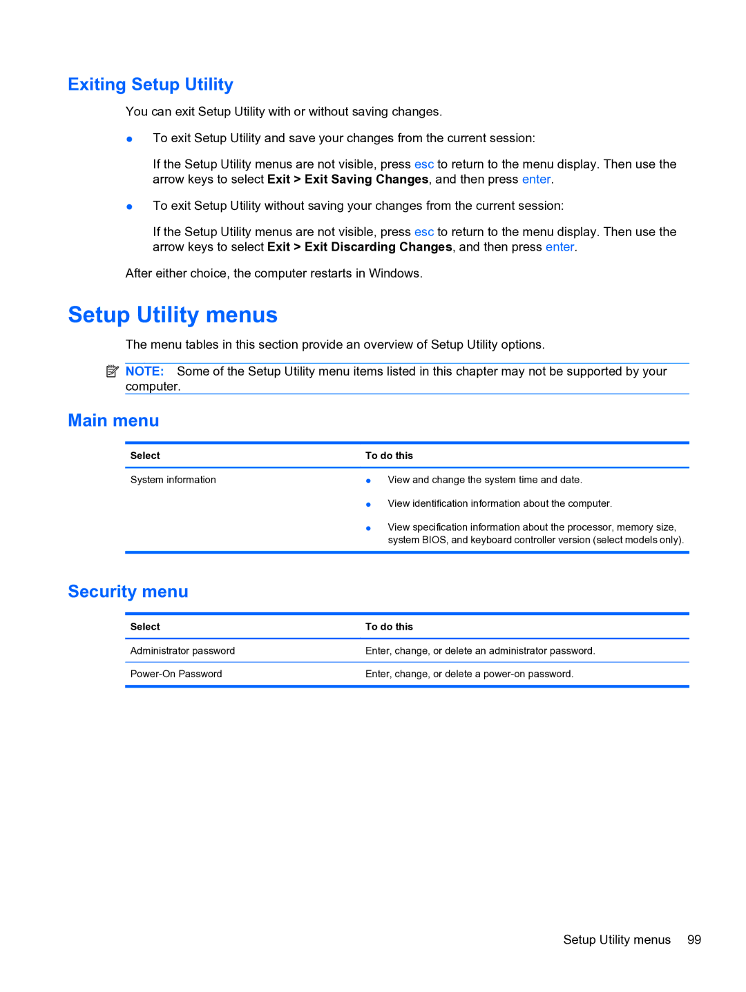 HP CQ32 manual Setup Utility menus, Exiting Setup Utility, Main menu, Security menu 