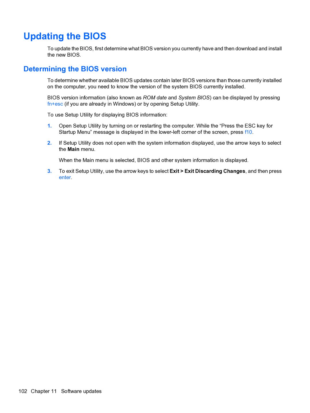 HP CQ32 manual Updating the Bios, Determining the Bios version 