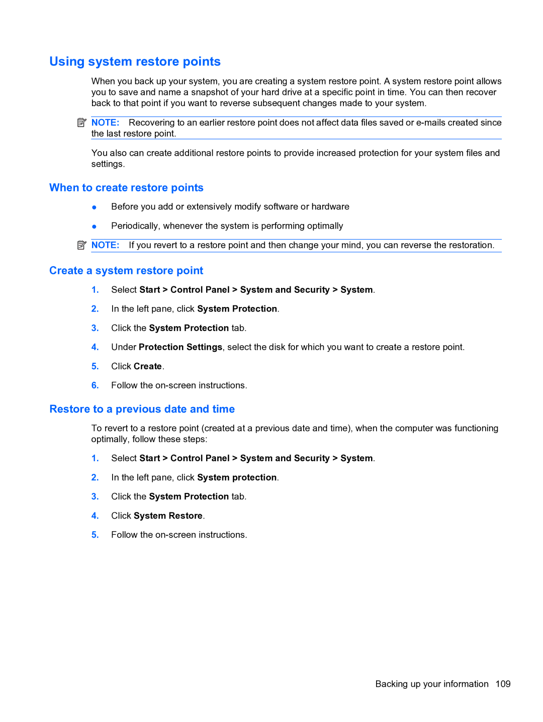 HP CQ32 manual Using system restore points, When to create restore points, Create a system restore point 