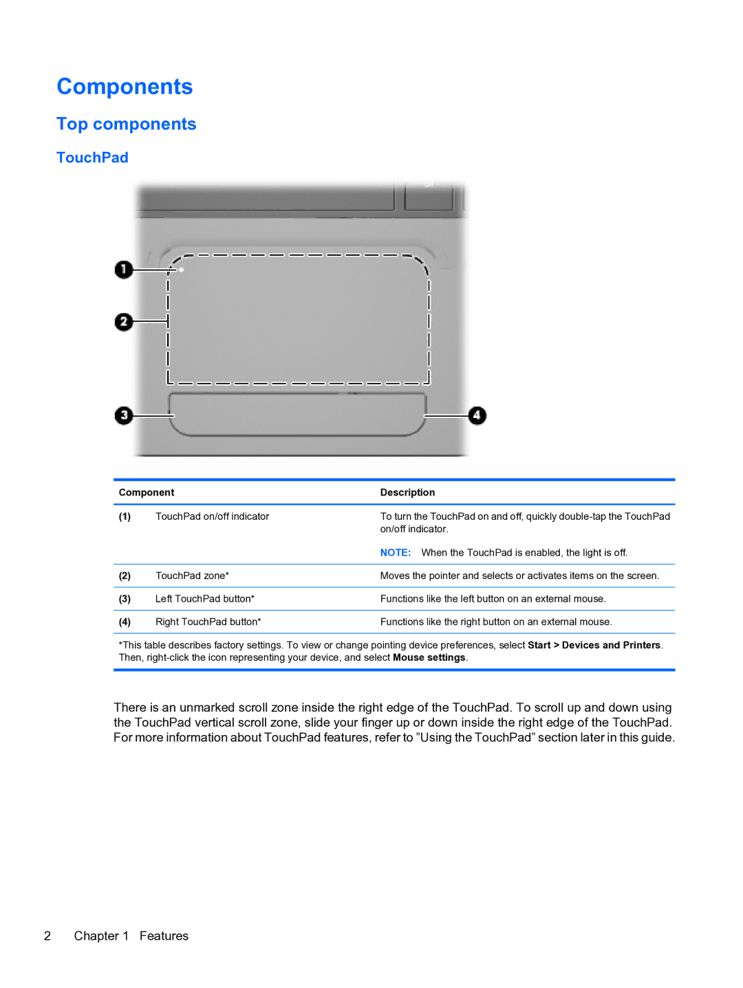 HP CQ32 manual Components, Top components, TouchPad 