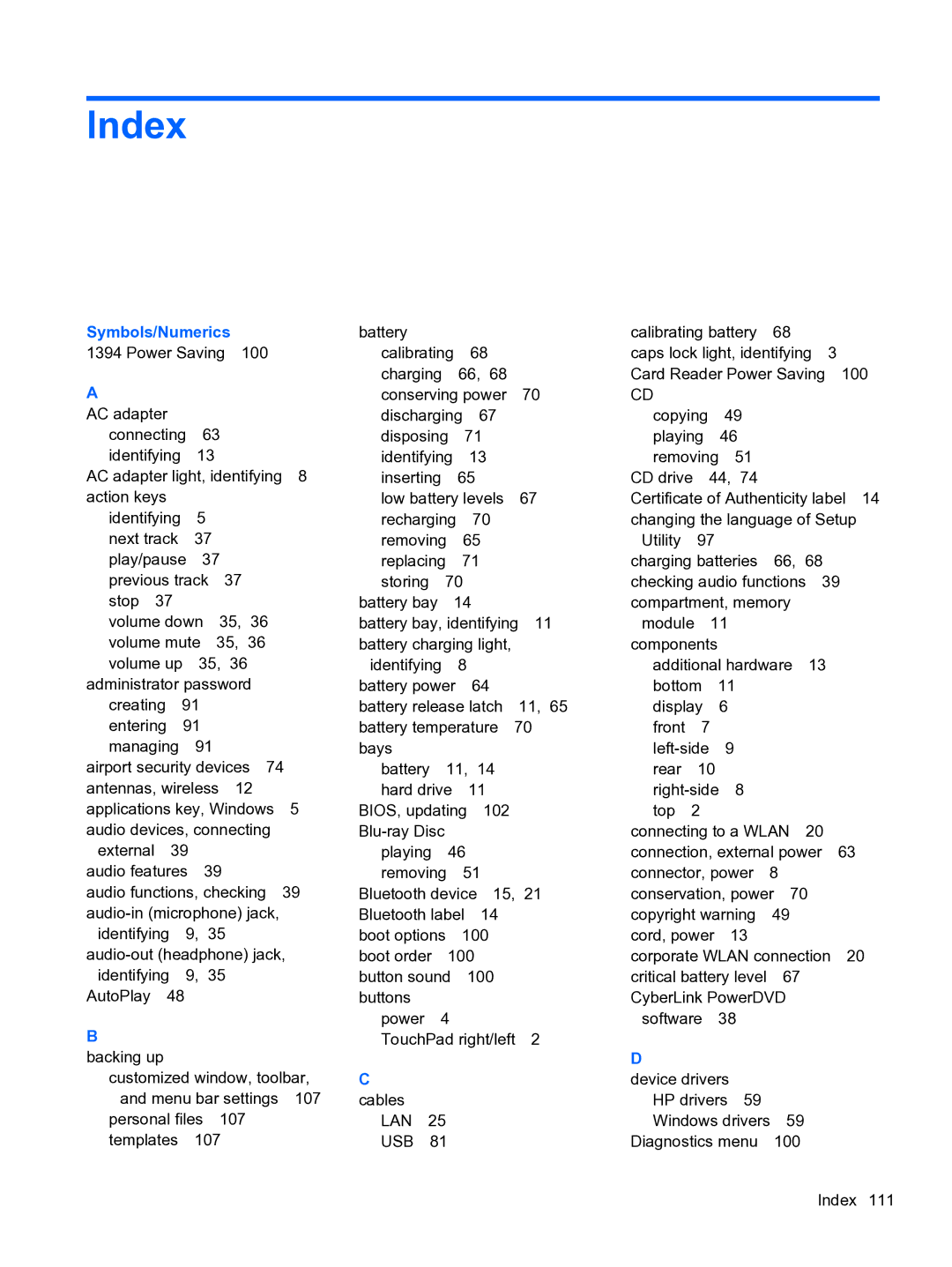 HP CQ32 manual Index, Symbols/Numerics 