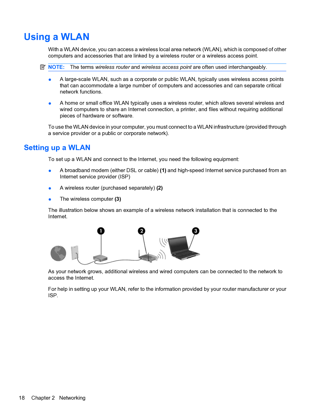 HP CQ32 manual Using a Wlan, Setting up a Wlan 