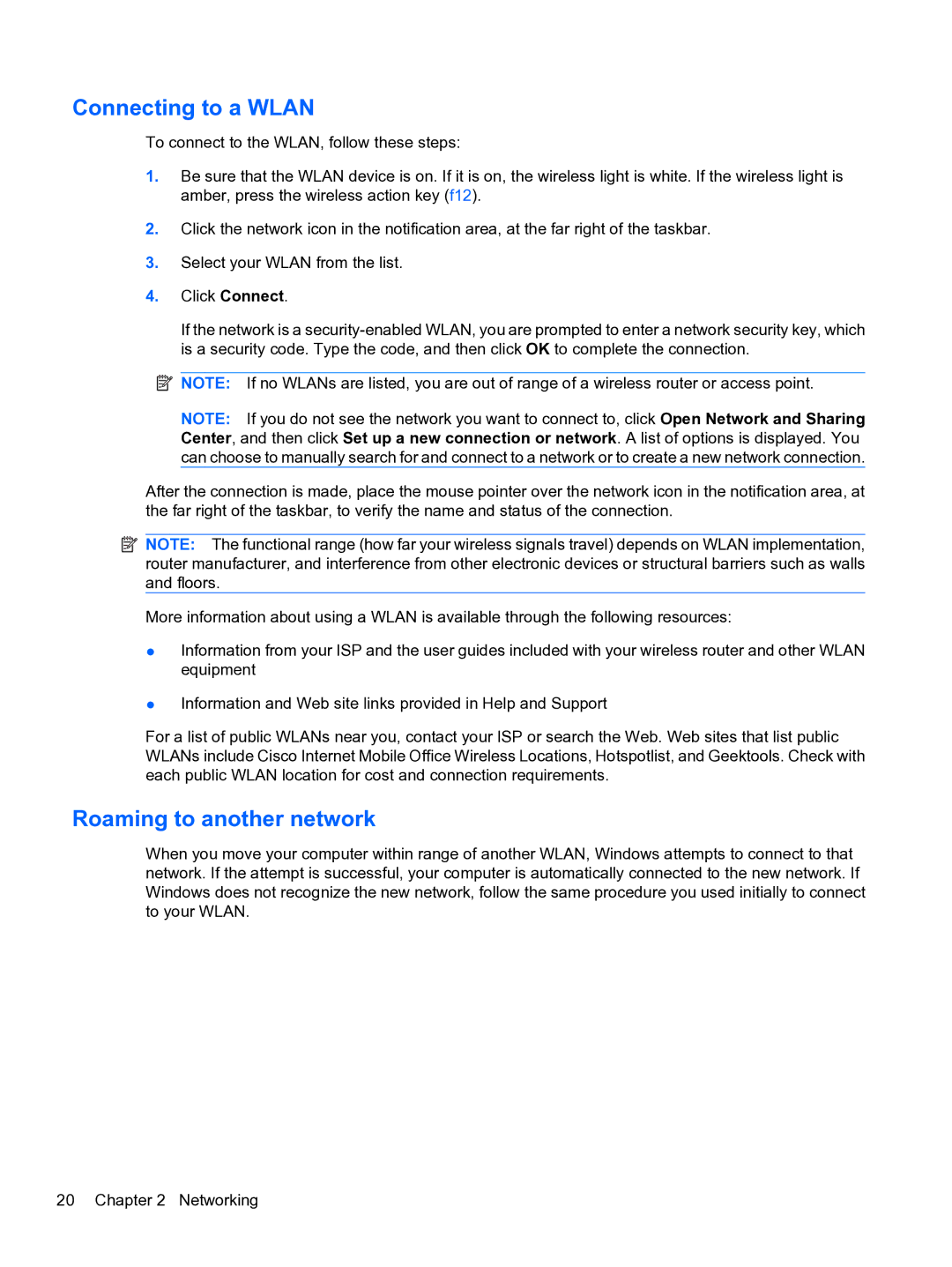 HP CQ32 manual Connecting to a Wlan, Roaming to another network 