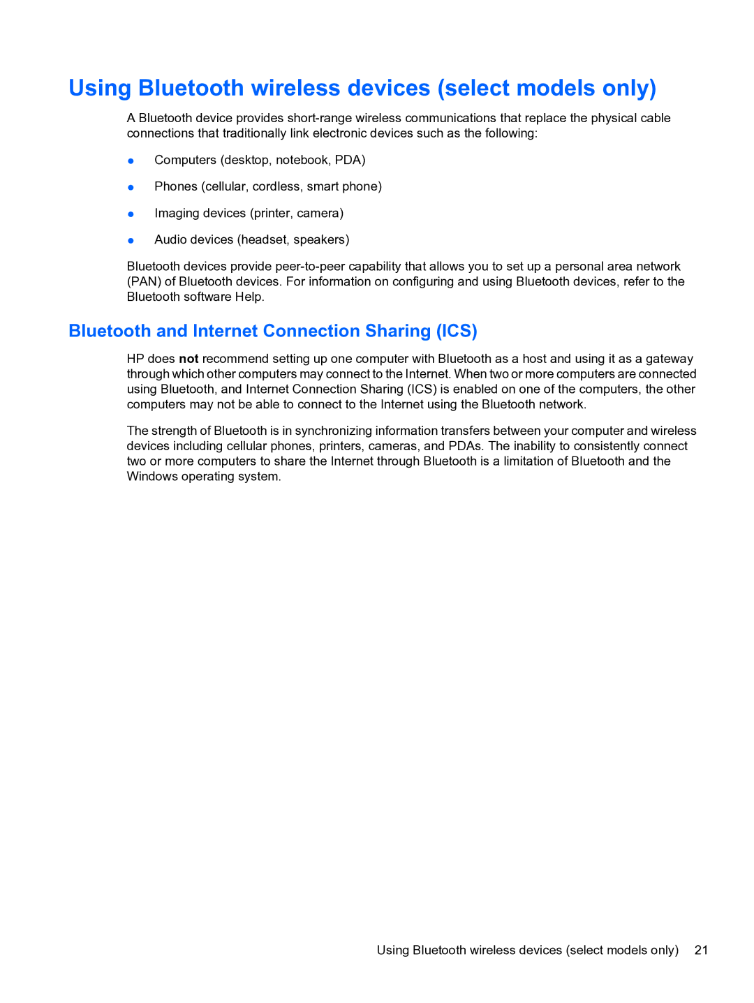 HP CQ32 manual Using Bluetooth wireless devices select models only, Bluetooth and Internet Connection Sharing ICS 