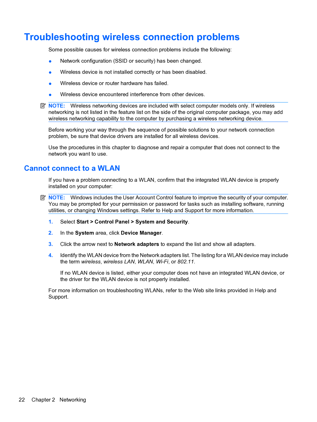 HP CQ32 manual Troubleshooting wireless connection problems, Cannot connect to a Wlan 