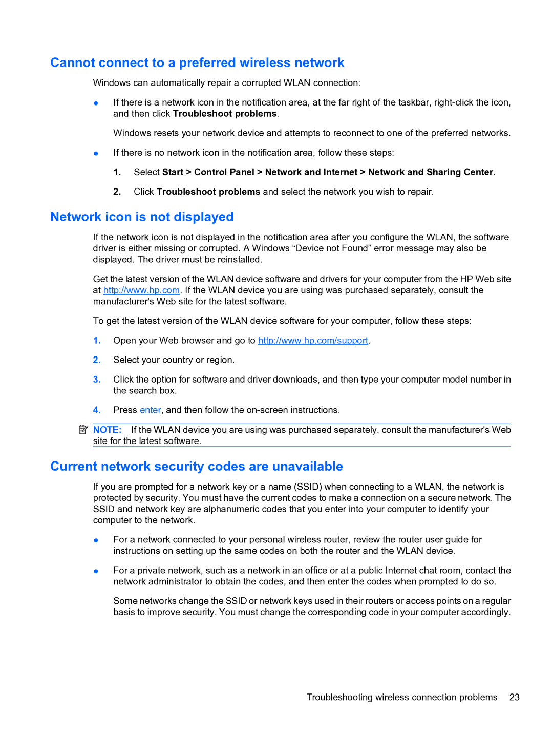 HP CQ32 manual Cannot connect to a preferred wireless network, Network icon is not displayed 