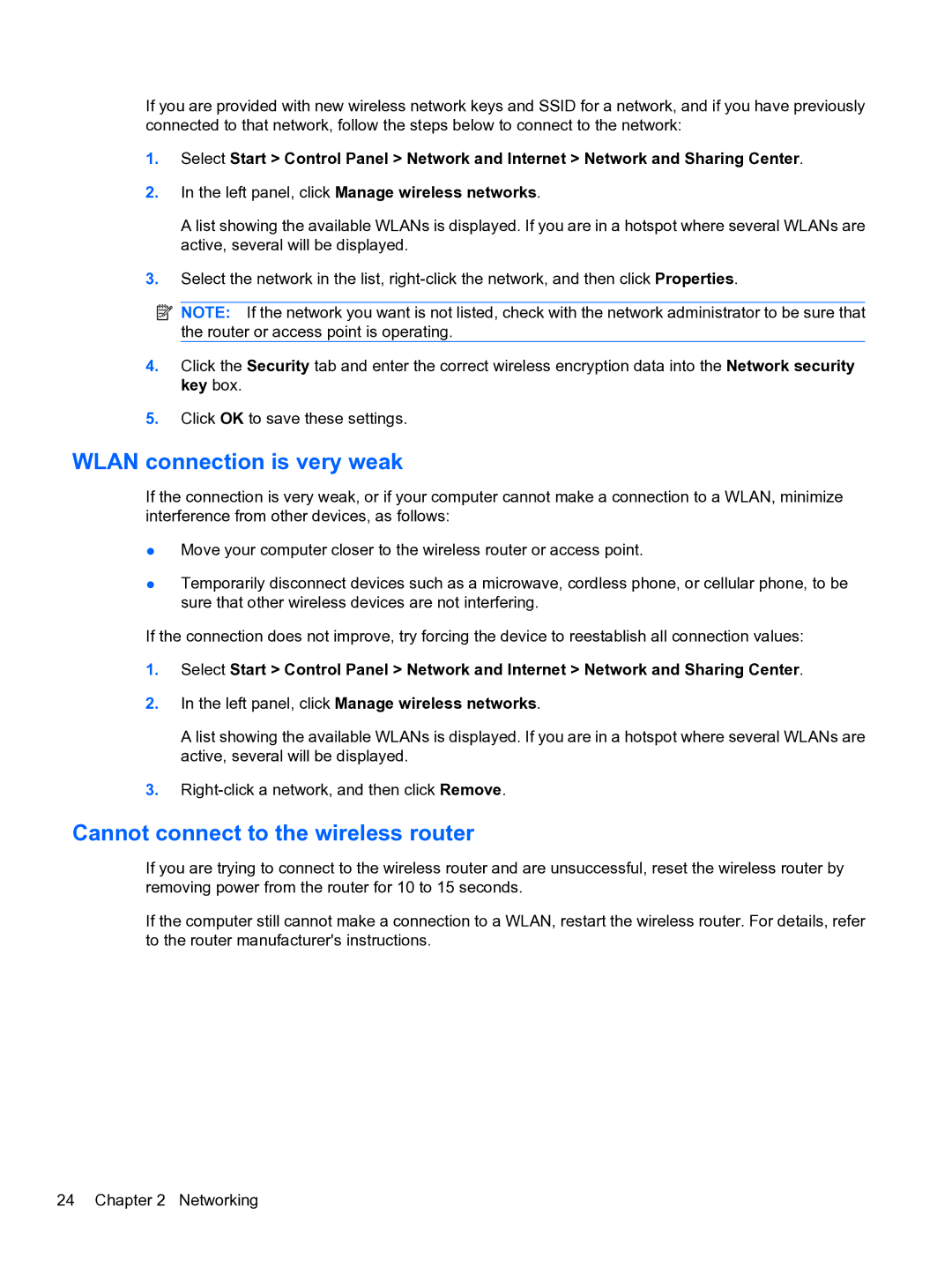 HP CQ32 manual Wlan connection is very weak, Cannot connect to the wireless router 