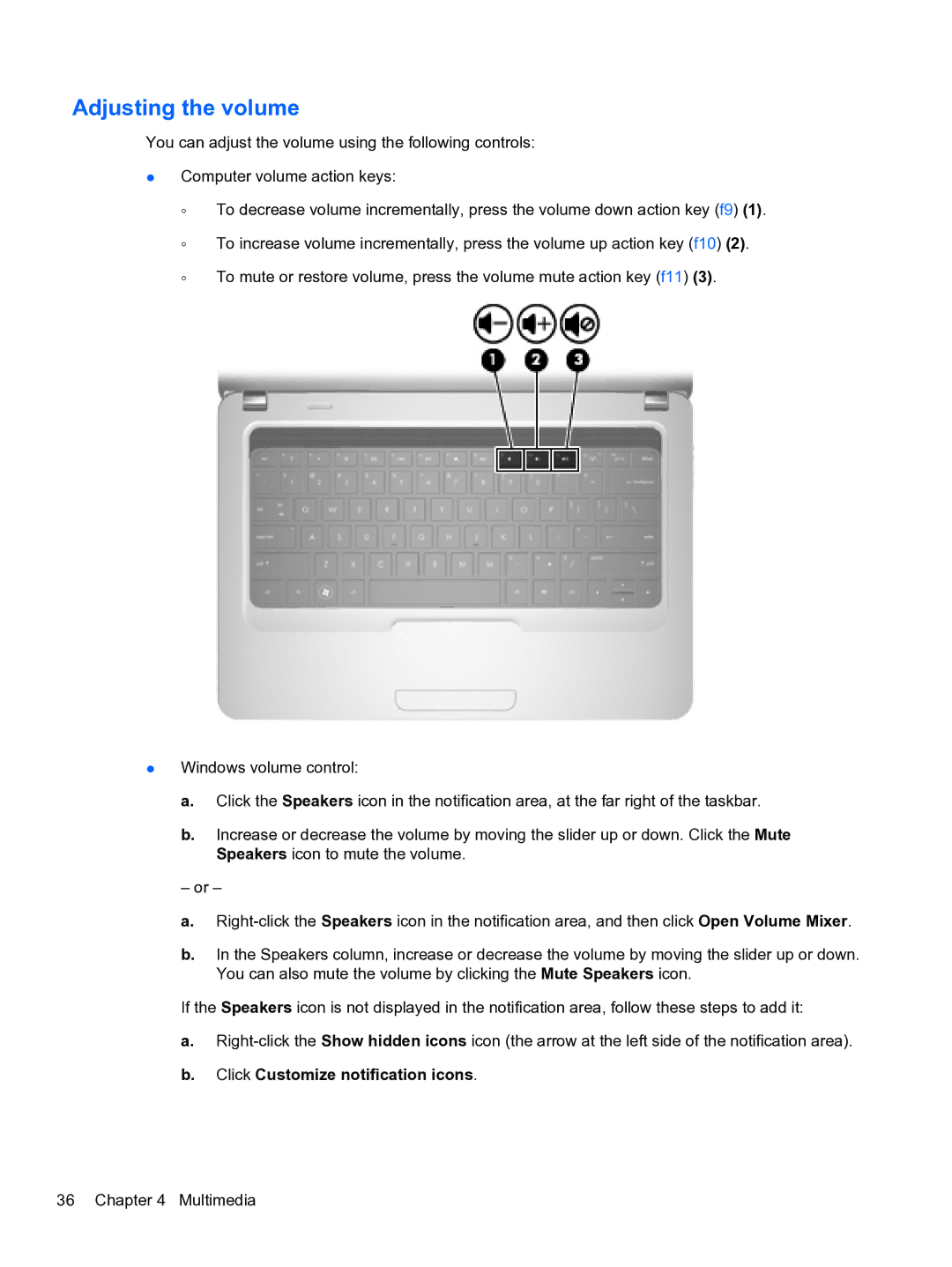 HP CQ32 manual Adjusting the volume 