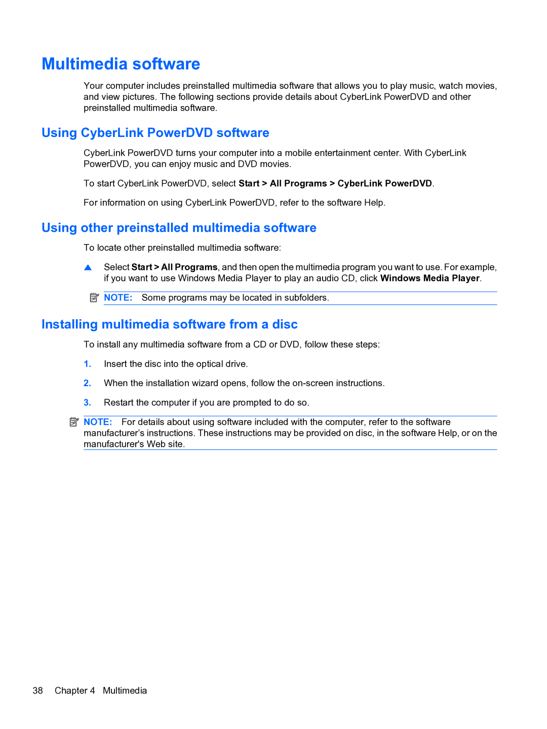 HP CQ32 manual Multimedia software, Using CyberLink PowerDVD software, Using other preinstalled multimedia software 