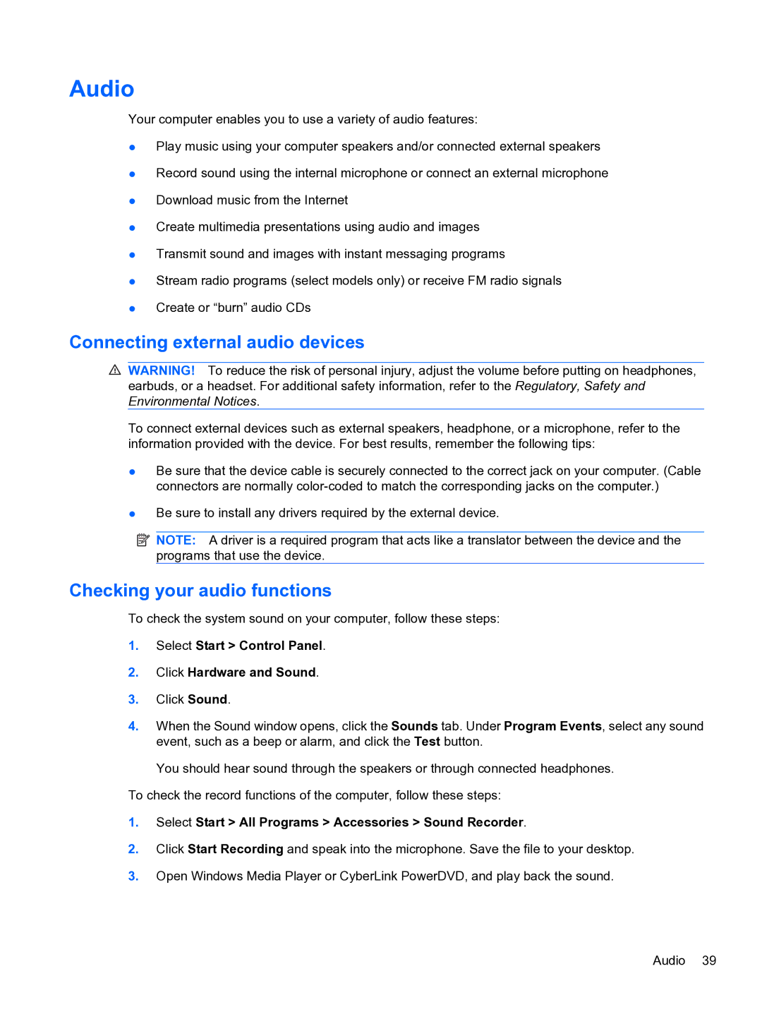 HP CQ32 manual Audio, Connecting external audio devices, Checking your audio functions 