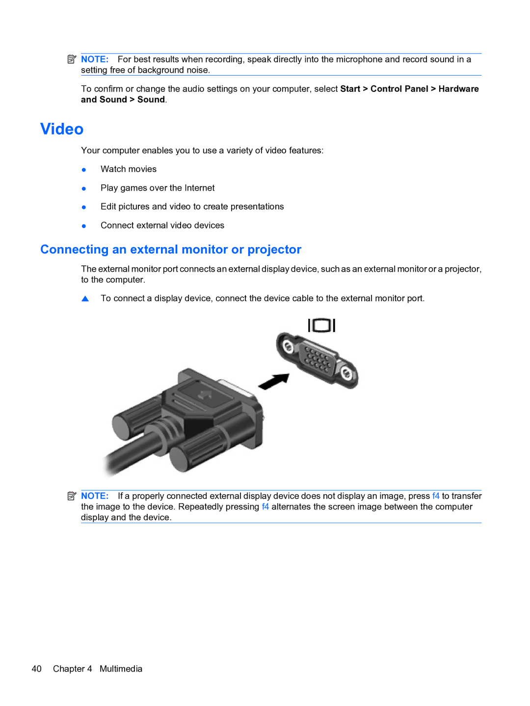 HP CQ32 manual Video, Connecting an external monitor or projector 