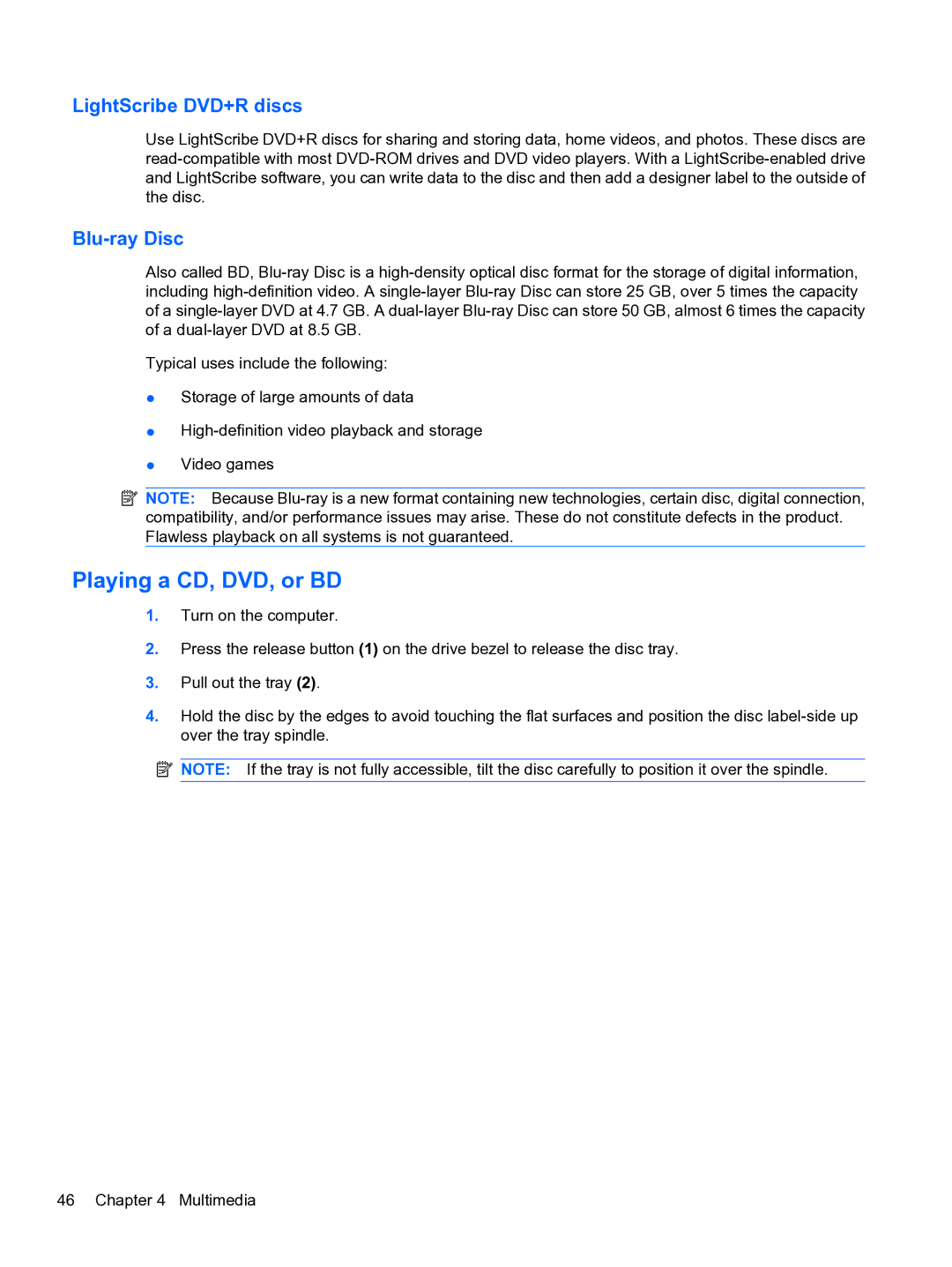 HP CQ32 manual Playing a CD, DVD, or BD, LightScribe DVD+R discs, Blu-ray Disc 