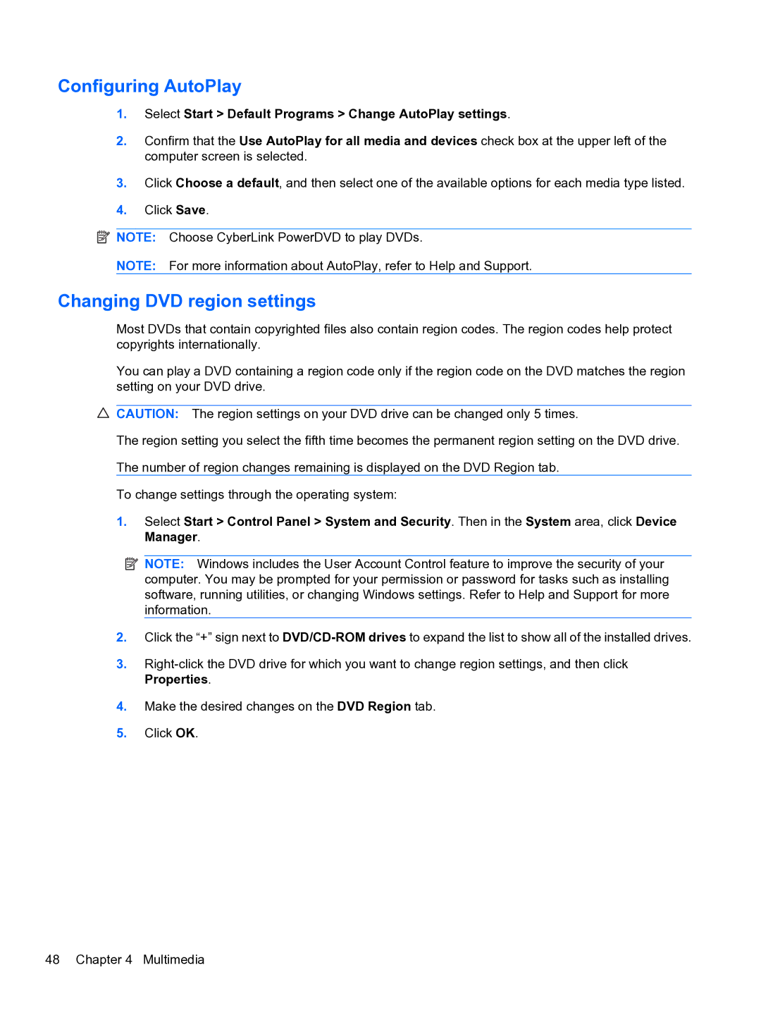 HP CQ32 manual Configuring AutoPlay, Changing DVD region settings 