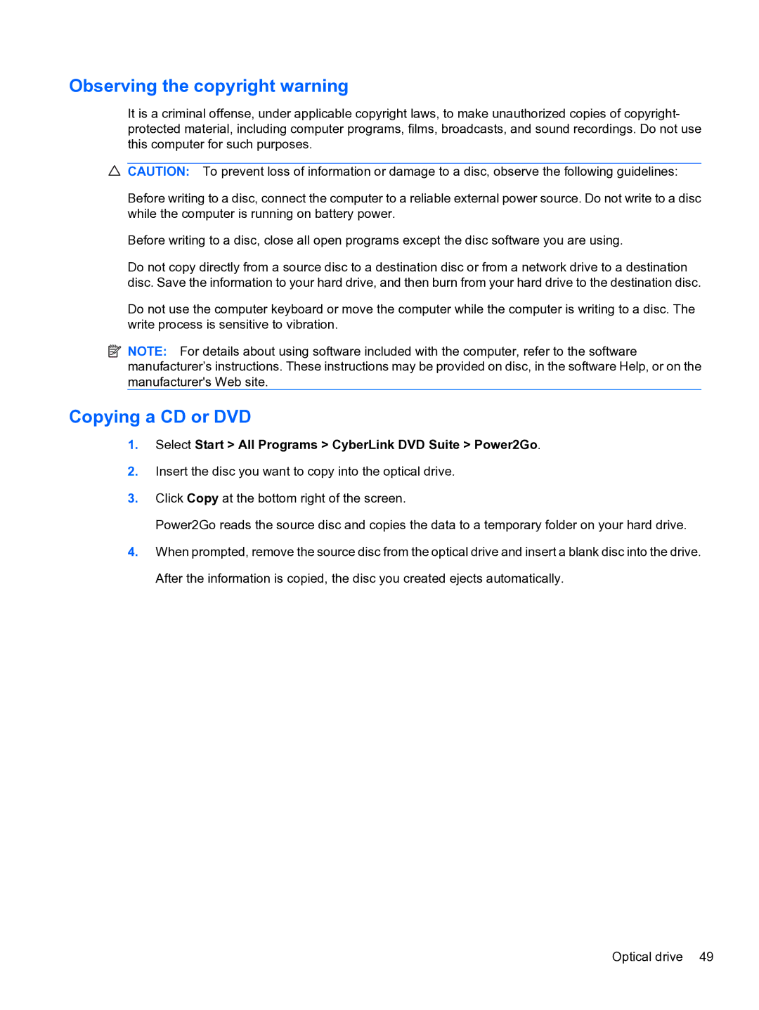 HP CQ32 manual Observing the copyright warning, Copying a CD or DVD 