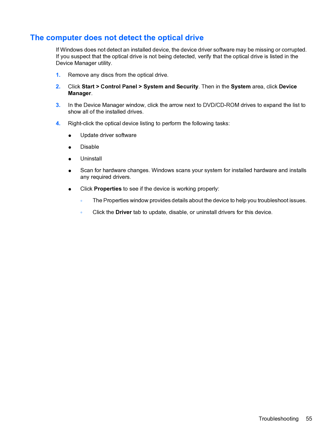 HP CQ32 manual Computer does not detect the optical drive 