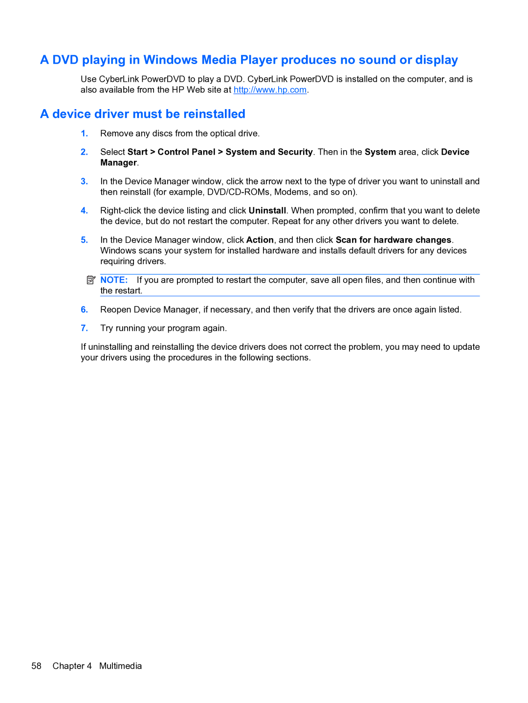 HP CQ32 manual Remove any discs from the optical drive 