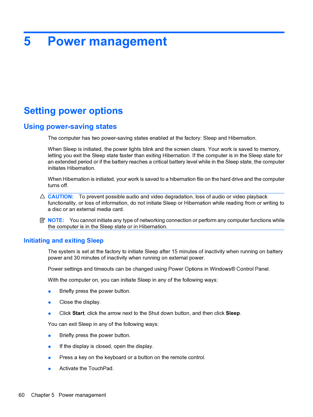 HP CQ32 manual Power management, Setting power options, Using power-saving states, Initiating and exiting Sleep 