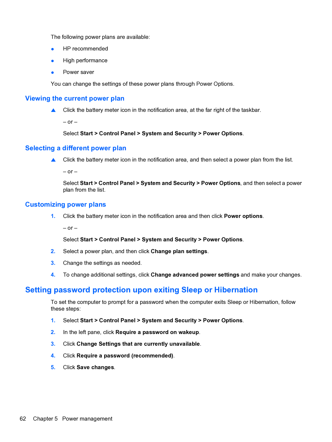 HP CQ32 manual Viewing the current power plan, Selecting a different power plan, Customizing power plans 