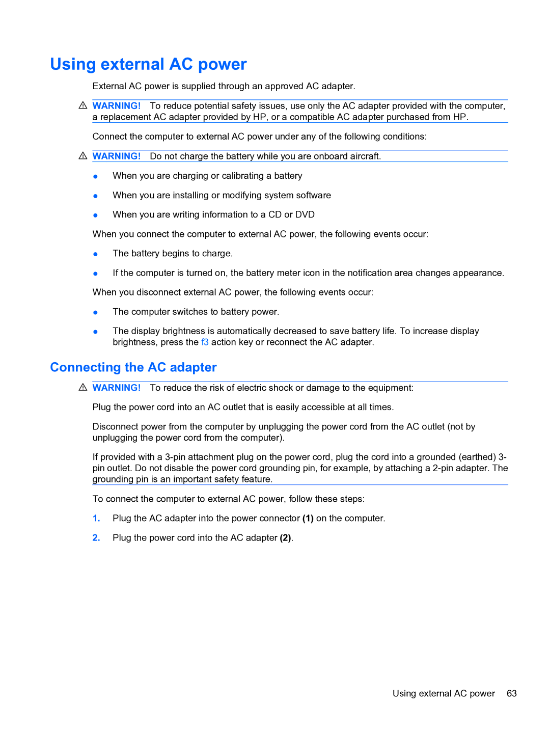 HP CQ32 manual Using external AC power, Connecting the AC adapter 