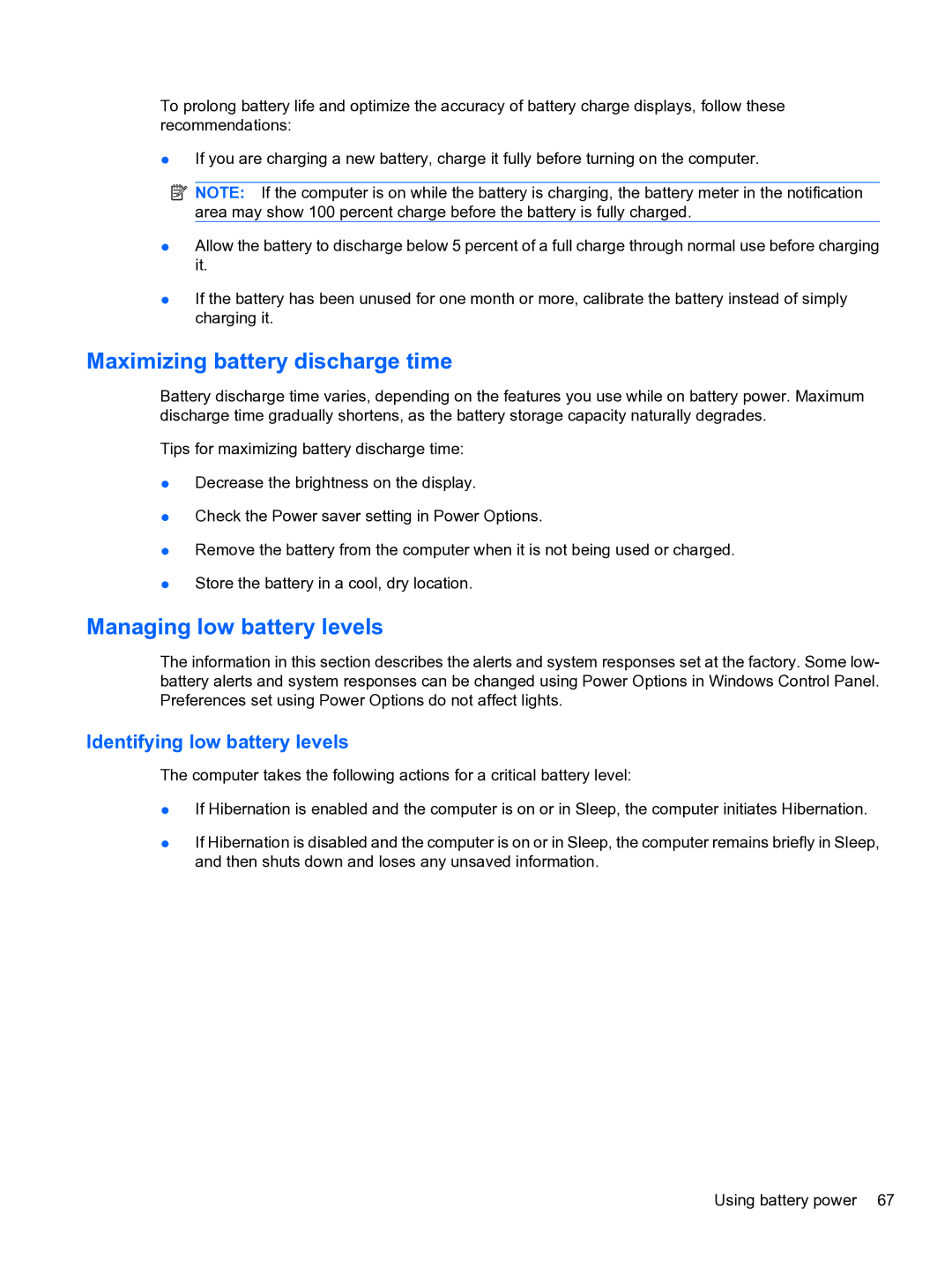 HP CQ32 manual Maximizing battery discharge time, Managing low battery levels, Identifying low battery levels 