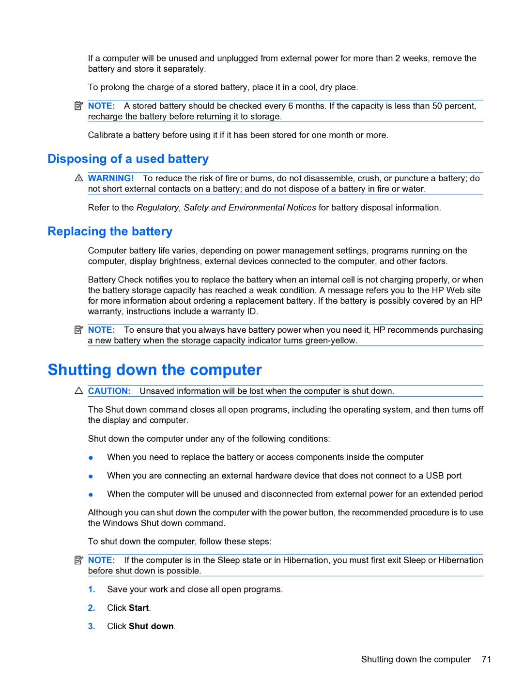 HP CQ32 manual Shutting down the computer, Disposing of a used battery, Replacing the battery 