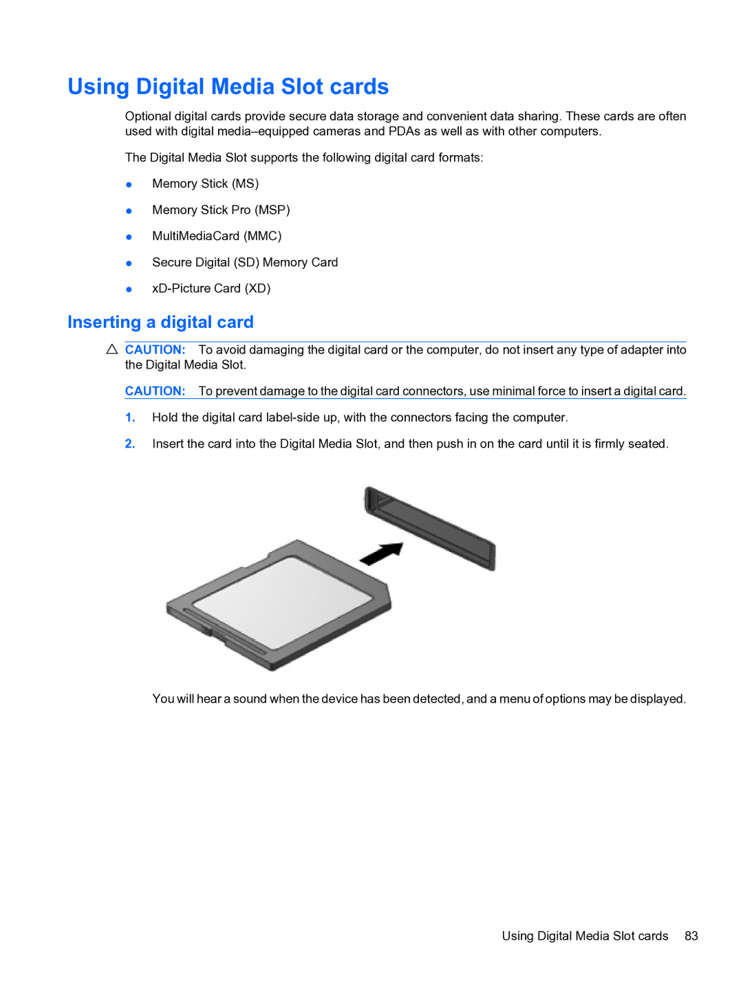 HP CQ32 manual Using Digital Media Slot cards, Inserting a digital card 