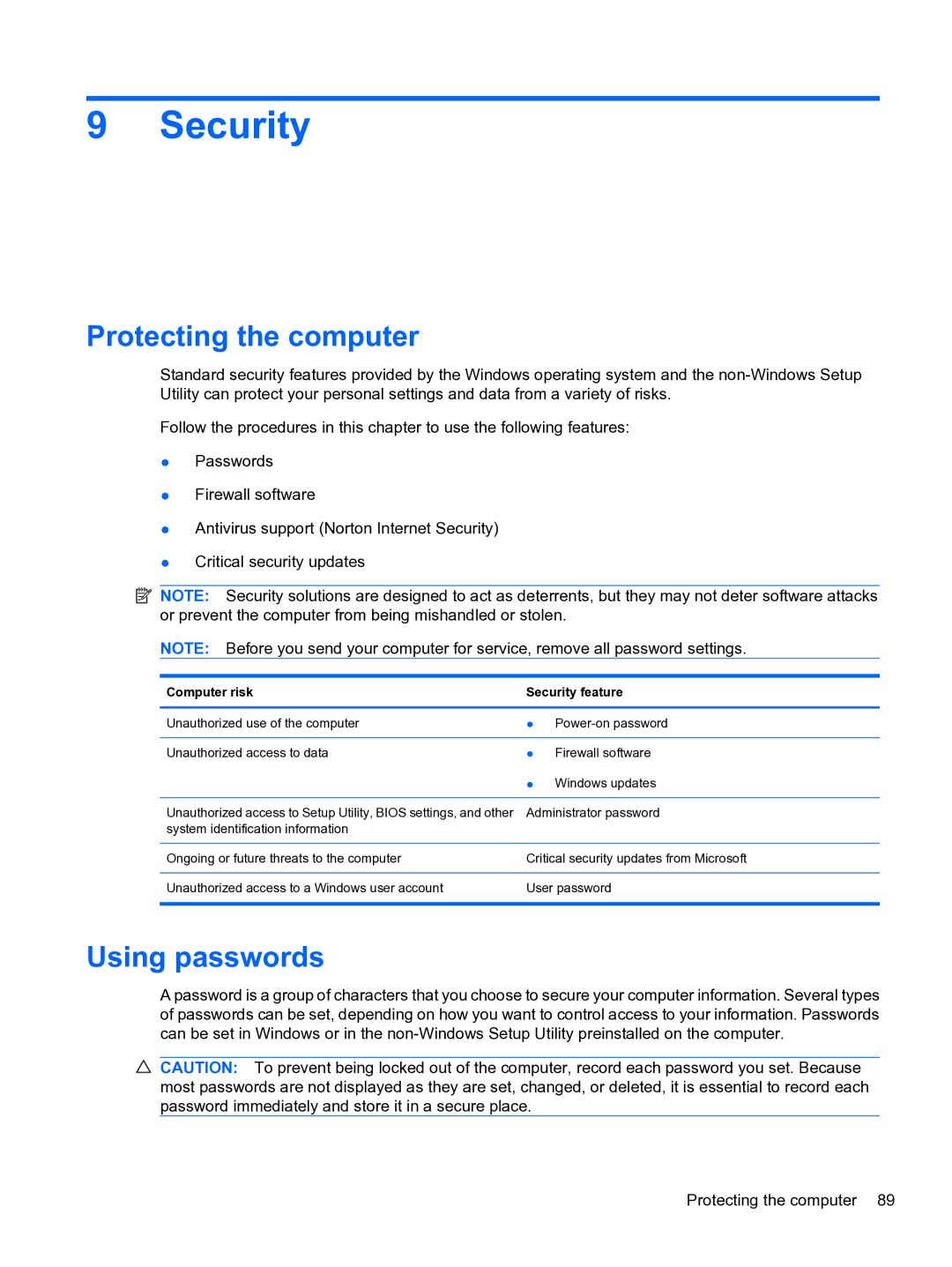 HP CQ32 manual Security, Protecting the computer, Using passwords 