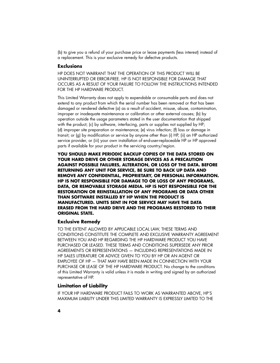 HP CQ3260D, CQ3290AN, CQ3277IN, CQ3111IN, CQ1-1011D, CQ3250D, CQ3210AN Exclusions, Exclusive Remedy, Limitation of Liability 