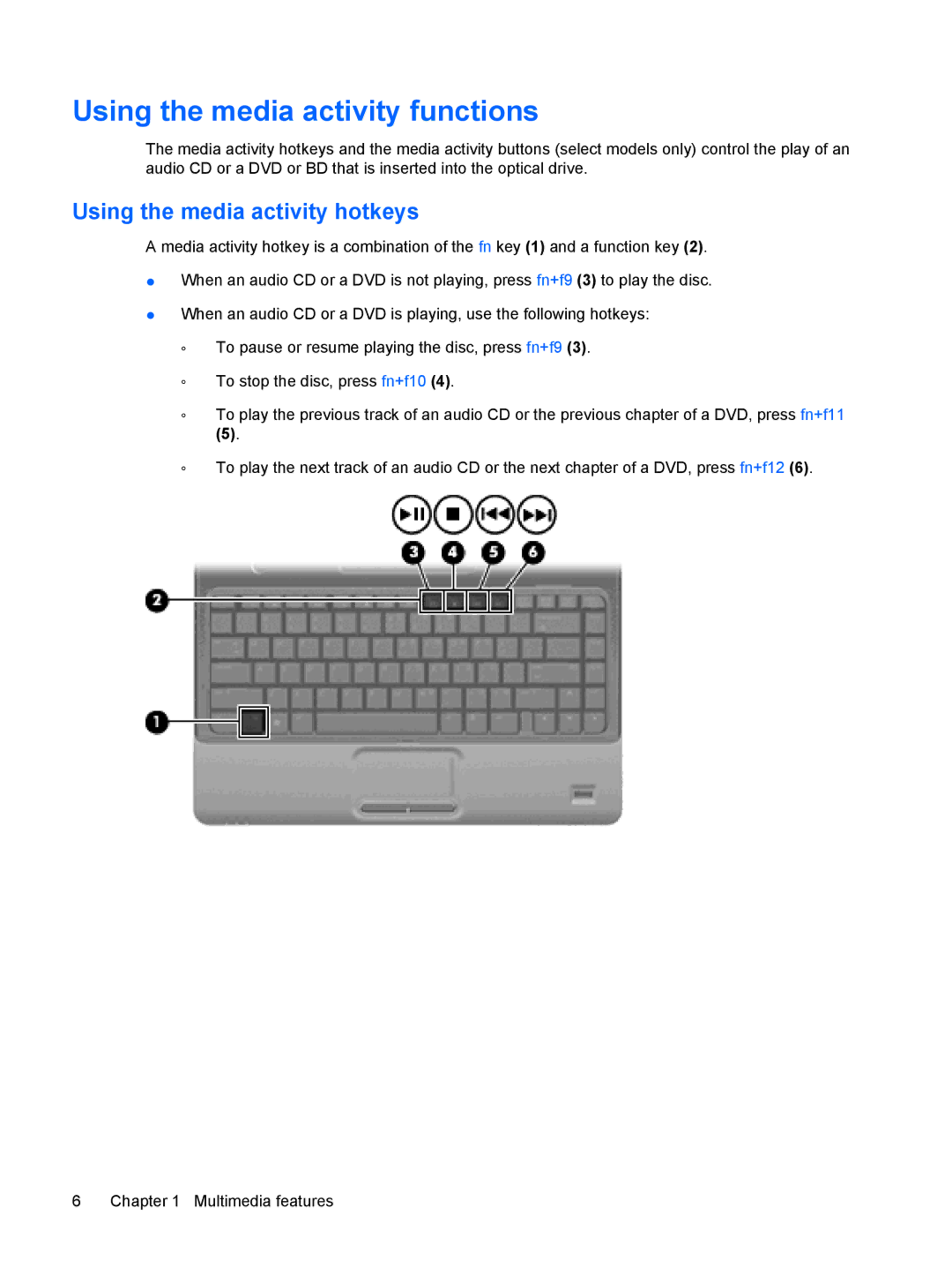 HP CQ35-127TX, CQ35-226TX, CQ35-224TX, CQ35-225TX manual Using the media activity functions, Using the media activity hotkeys 