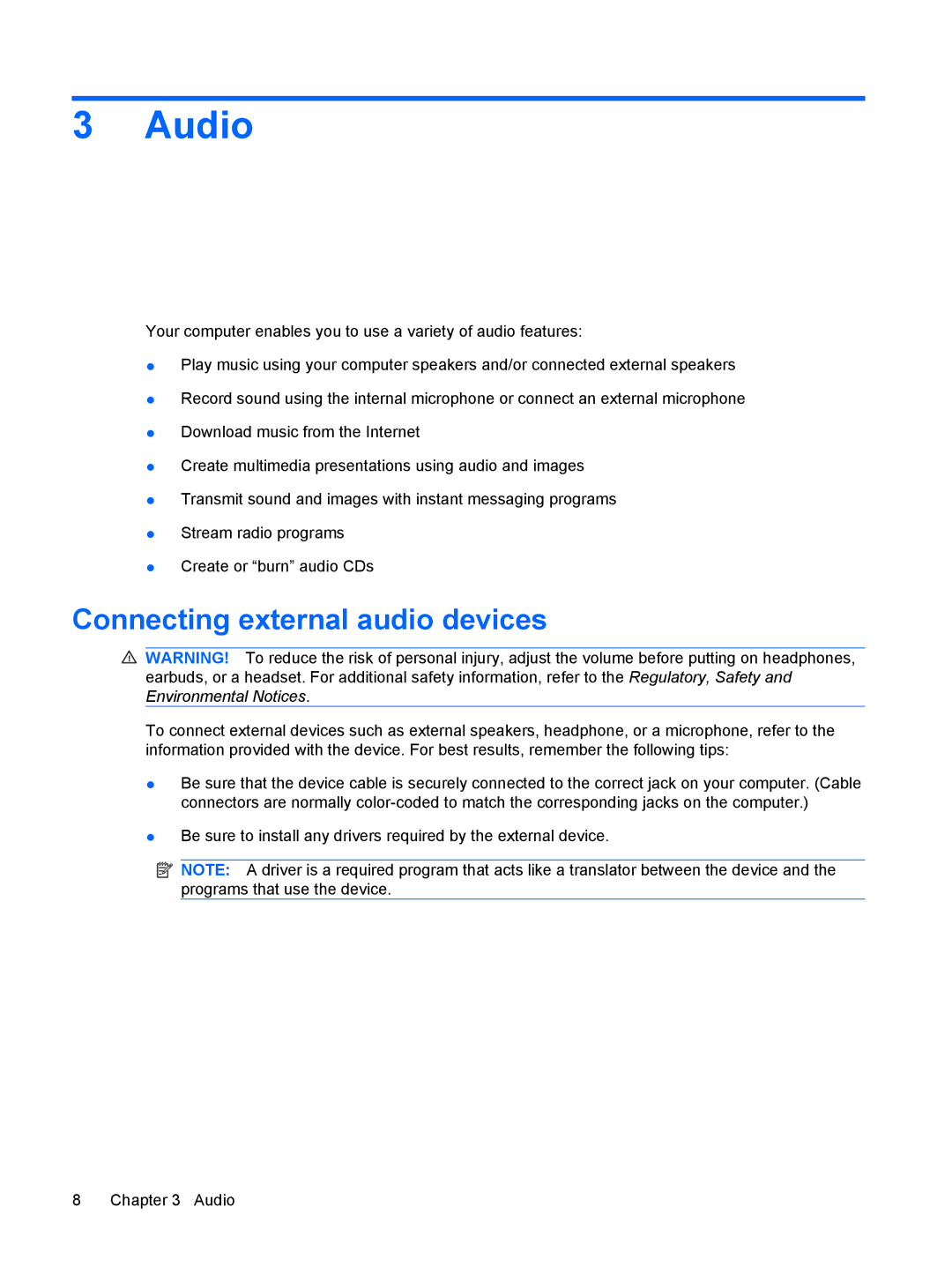 HP CQ35-116TU, CQ35-226TX, CQ35-224TX, CQ35-225TX, CQ35-221TU, CQ35-213TX, CQ35-220TU Audio, Connecting external audio devices 