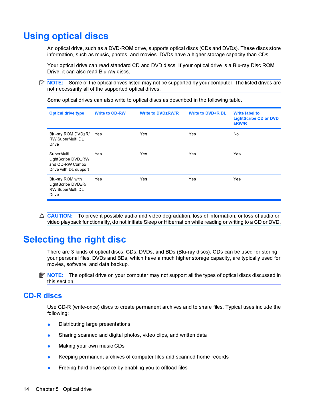 HP CQ35-233TX, CQ35-226TX, CQ35-224TX, CQ35-225TX, CQ35-221TU manual Using optical discs, Selecting the right disc, CD-R discs 