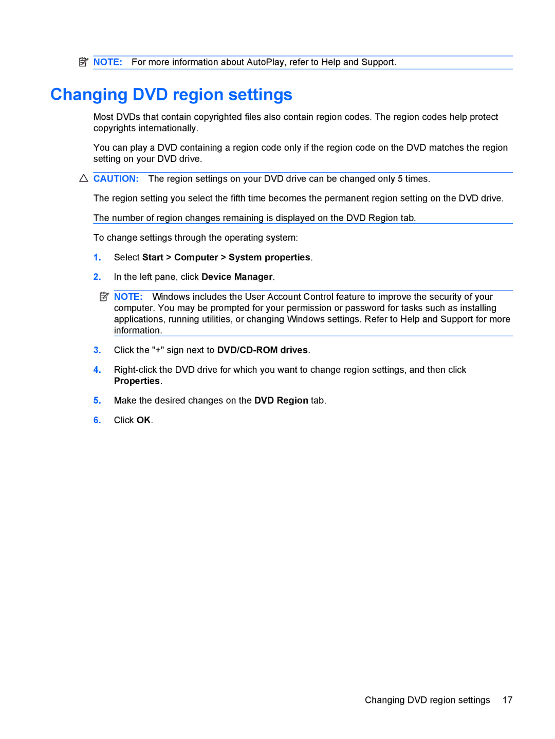 HP CQ35-114TX, CQ35-226TX, CQ35-224TX, CQ35-225TX manual Changing DVD region settings, Select Start Computer System properties 