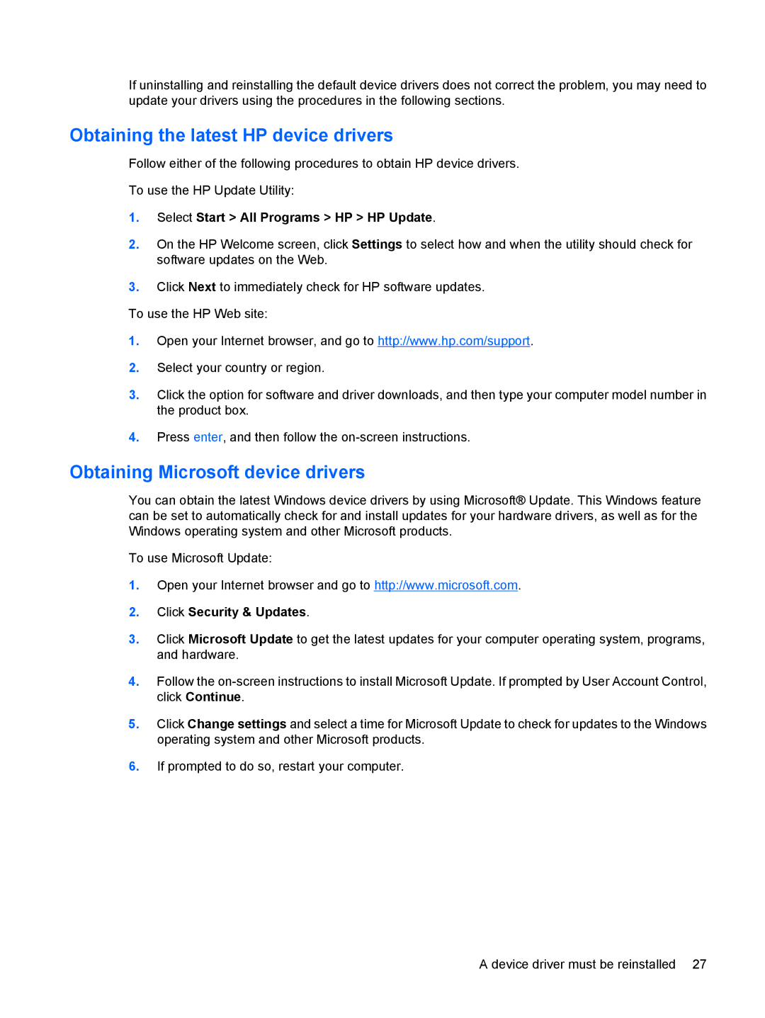 HP CQ35-113TU manual Obtaining the latest HP device drivers, Obtaining Microsoft device drivers, Click Security & Updates 