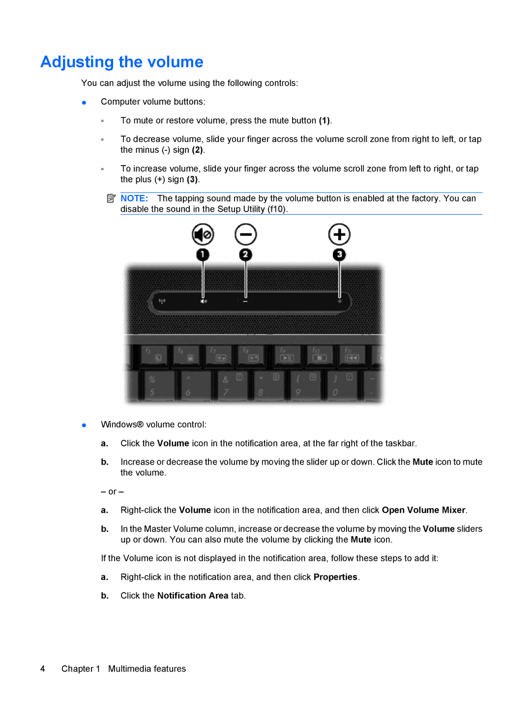 HP CQ35-128TX, CQ35-226TX, CQ35-224TX, CQ35-225TX, CQ35-221TU manual Adjusting the volume, Click the Notification Area tab 