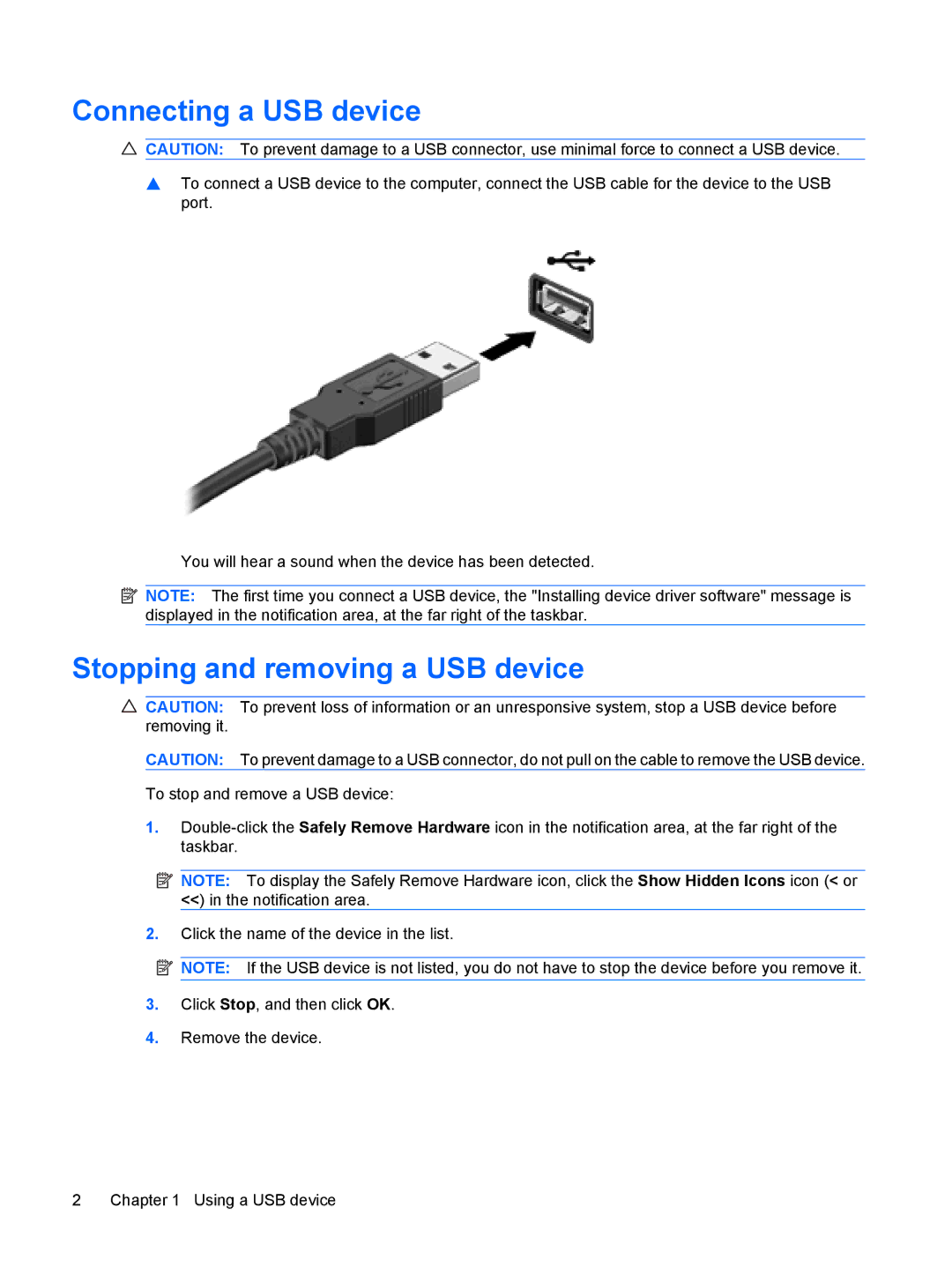 HP CQ35-207TU, CQ35-229TX, CQ35-226TX, CQ35-227TX, CQ35-224TX Connecting a USB device, Stopping and removing a USB device 