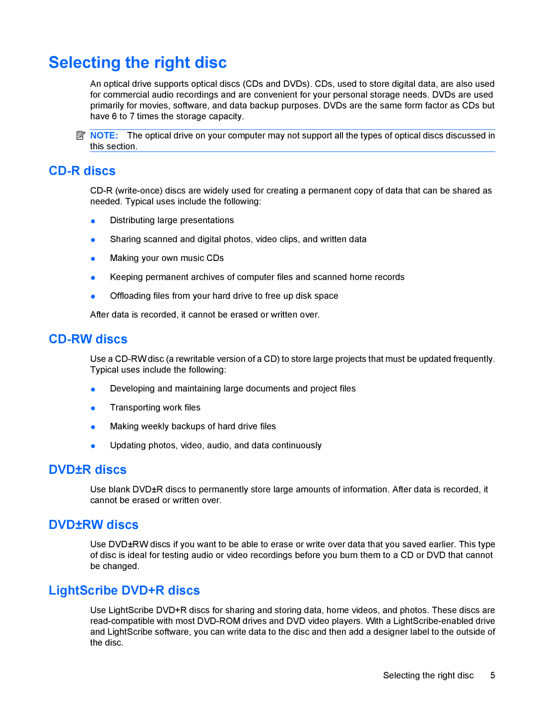 HP CQ35-218TU, CQ35-229TX, CQ35-226TX, CQ35-227TX, CQ35-224TX, CQ35-225TX, CQ35-221TU manual Selecting the right disc, CD-R discs 