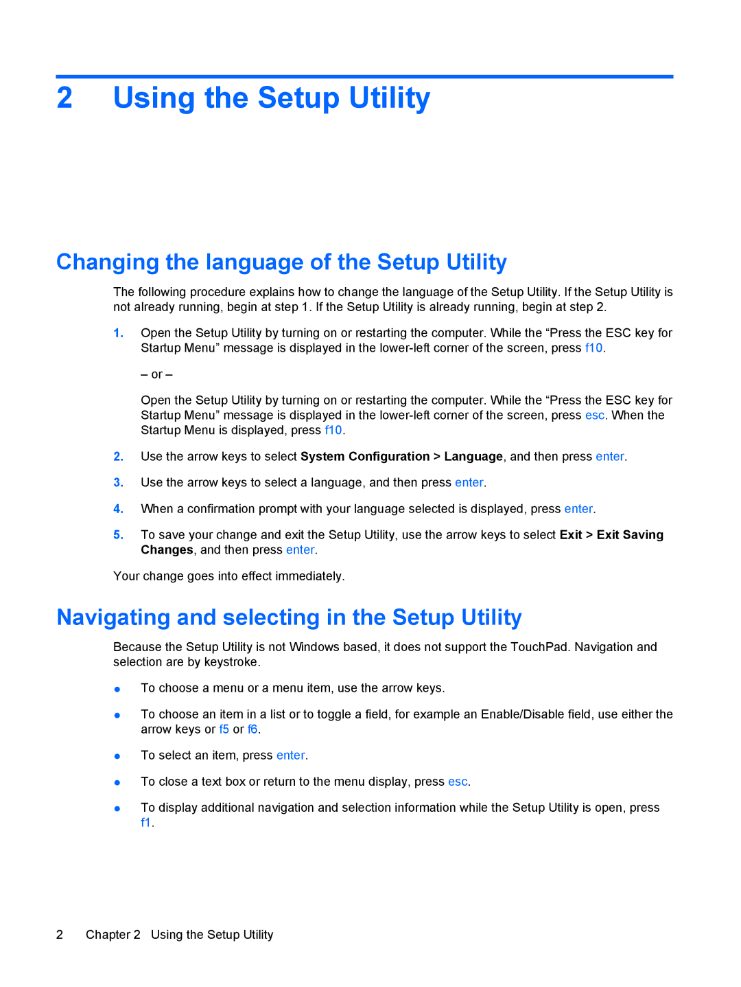 HP CQ35-207TU, CQ35-229TX, CQ35-226TX, CQ35-227TX manual Using the Setup Utility, Changing the language of the Setup Utility 