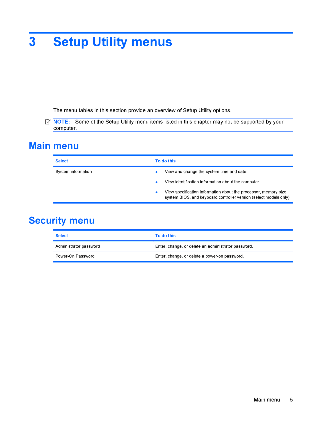 HP CQ35-217TU, CQ35-229TX, CQ35-226TX, CQ35-227TX, CQ35-224TX, CQ35-225TX manual Setup Utility menus, Main menu, Security menu 