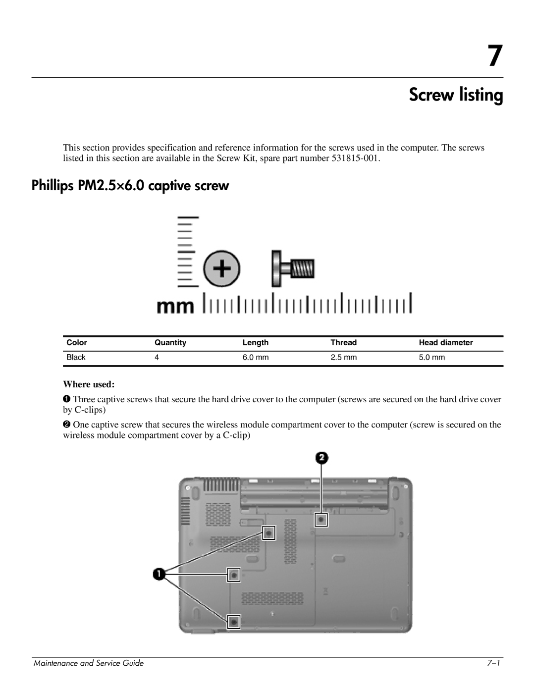 HP CQ35-102TX manual Screw listing, Phillips PM2.5×6.0 captive screw, Color Quantity Length Thread Head diameter Black 