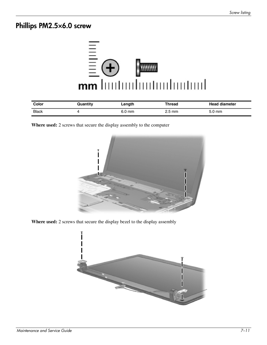 HP CQ35-217TU, CQ35-229TX, CQ35-227TX, CQ35-224TX, CQ35-225TX, CQ35-221TU, CQ35-207TU, CQ35-213TX manual Phillips PM2.5×6.0 screw 