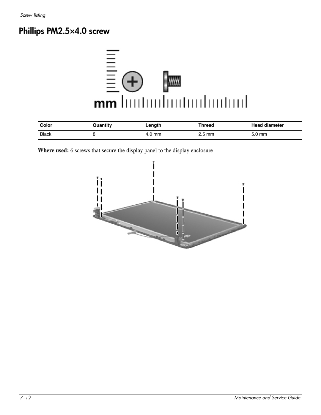 HP CQ35-128TX, CQ35-229TX, CQ35-227TX, CQ35-224TX, CQ35-225TX, CQ35-221TU, CQ35-207TU, CQ35-213TX manual Phillips PM2.5×4.0 screw 