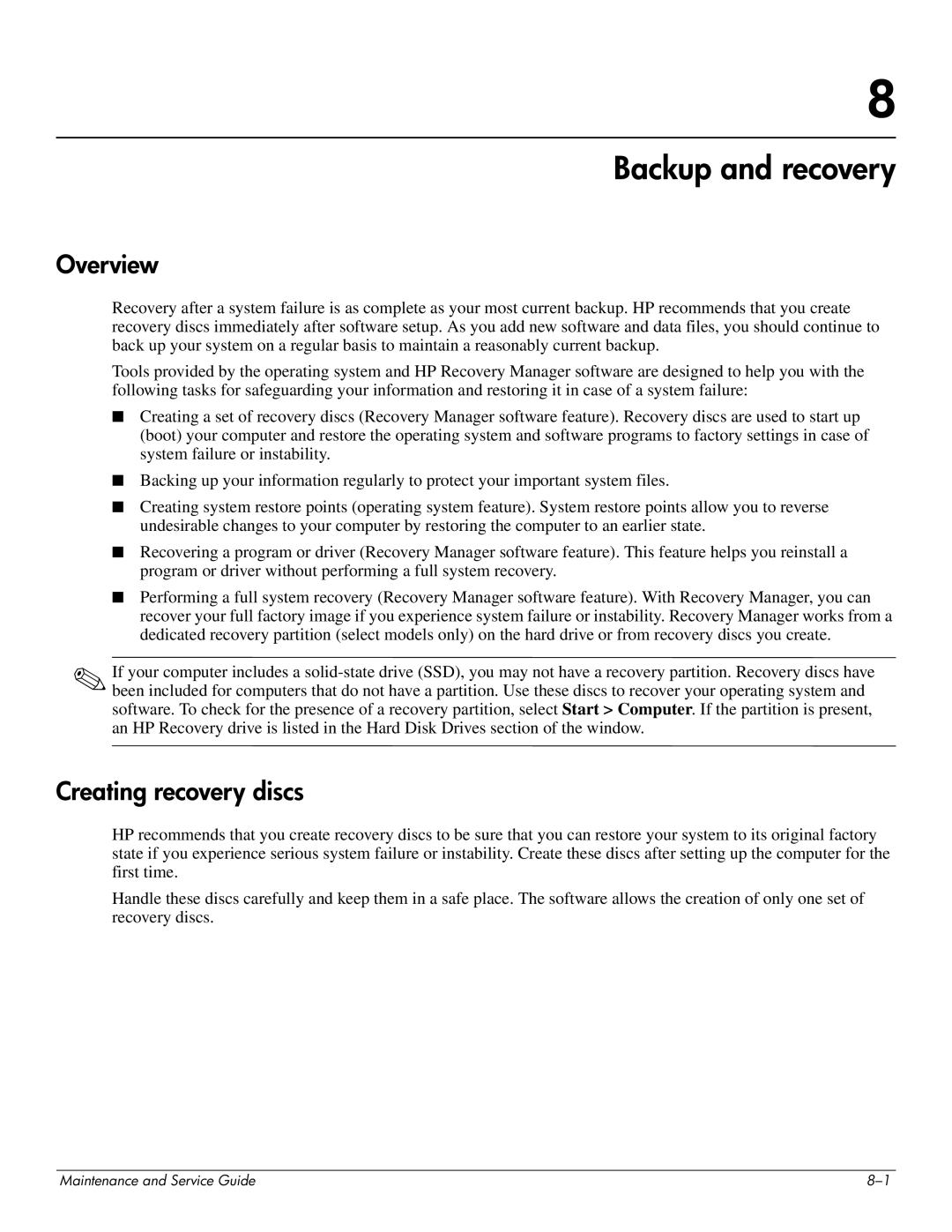 HP CQ35-116TU, CQ35-229TX, CQ35-227TX, CQ35-224TX, CQ35-225TX manual Backup and recovery, Overview, Creating recovery discs 