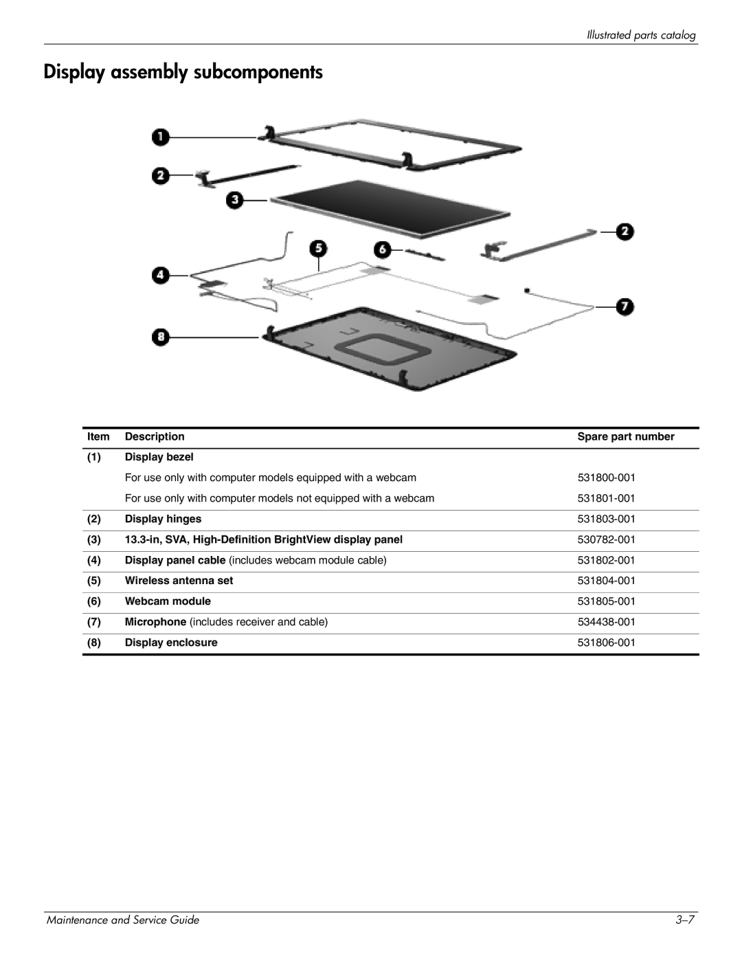 HP CQ35-105TU, CQ35-229TX, CQ35-227TX, CQ35-224TX, CQ35-225TX, CQ35-221TU, CQ35-207TU, CQ35-213TX Display assembly subcomponents 