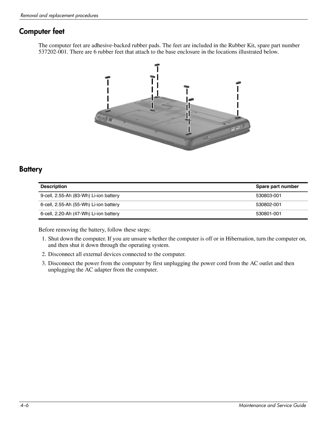 HP CQ35-218TU, CQ35-229TX, CQ35-227TX, CQ35-224TX, CQ35-225TX manual Computer feet, Battery, Description Spare part number 