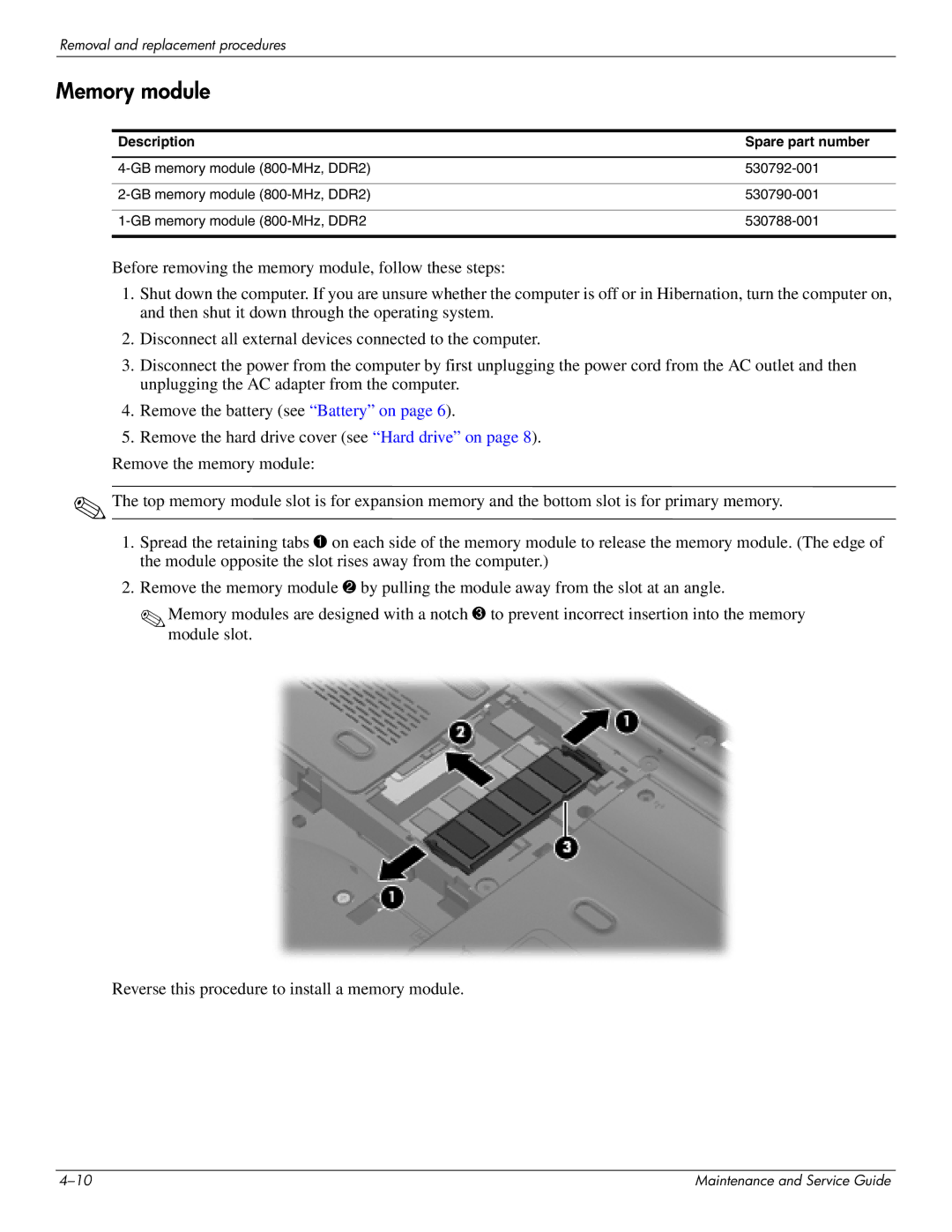 HP CQ35-202TX, CQ35-229TX, CQ35-227TX, CQ35-224TX, CQ35-225TX, CQ35-221TU, CQ35-207TU, CQ35-213TX, CQ35-220TU manual Memory module 